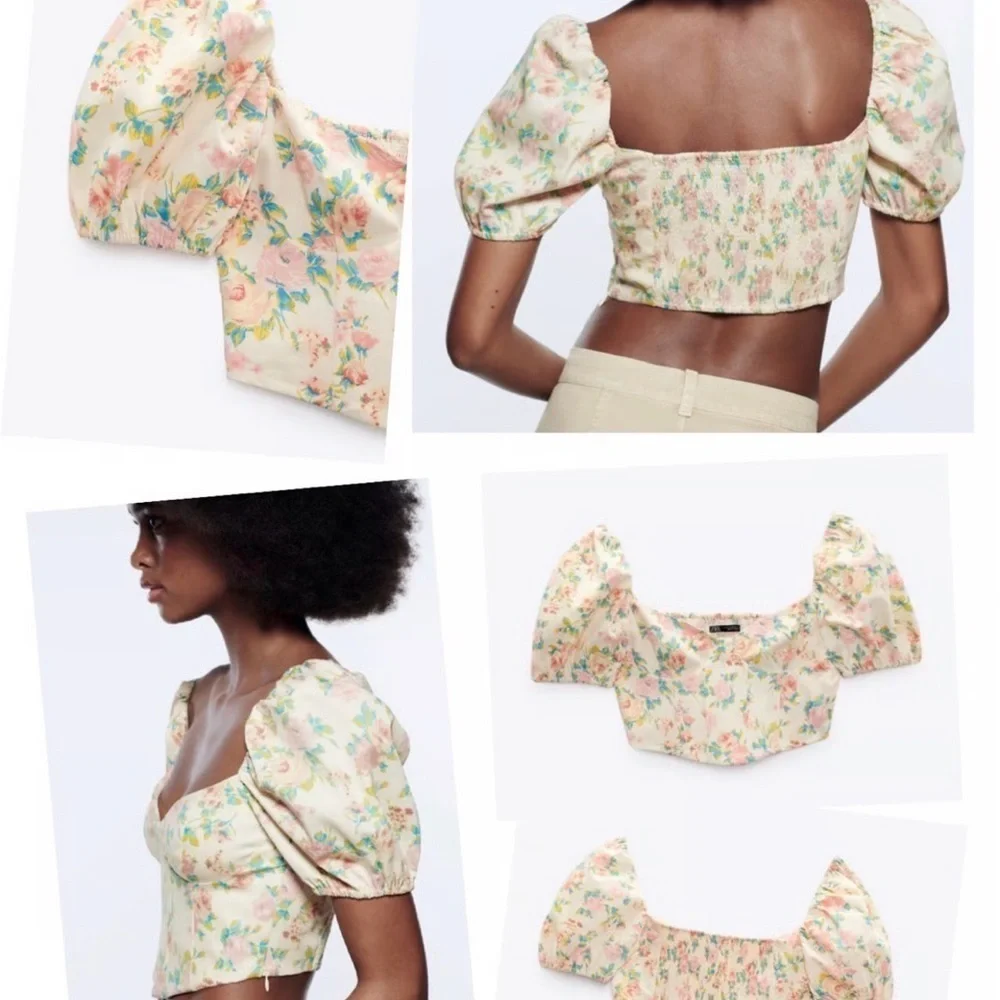 ZARA floral print corset-style top with puff sleeves S